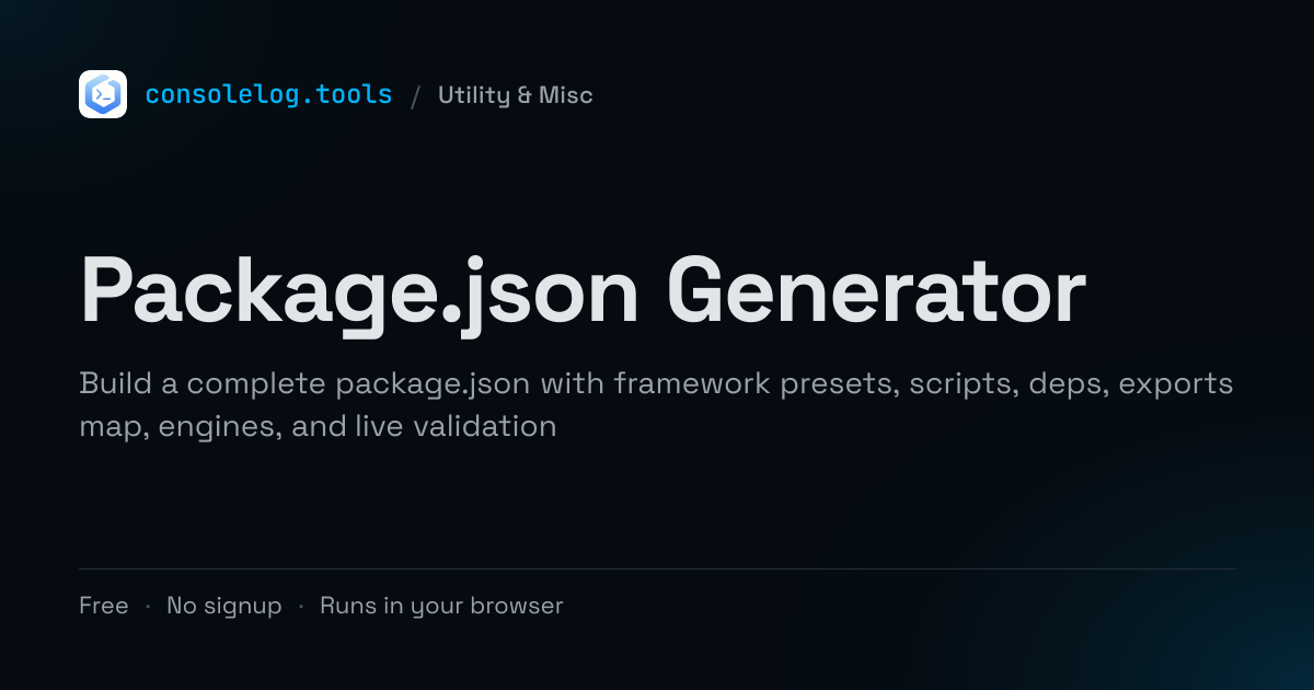 Package.json Generator - Free Online Tool | consolelog.tools
